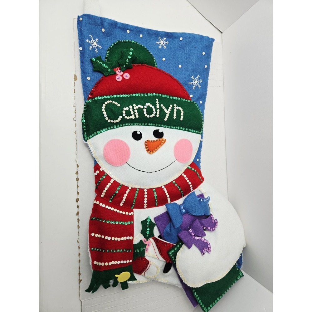 Vintage felt Christmas stocking Large Snowman 3D 22"